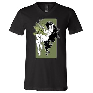 Sexy Lady Smoking Cannabis Dress V-Neck T-Shirt