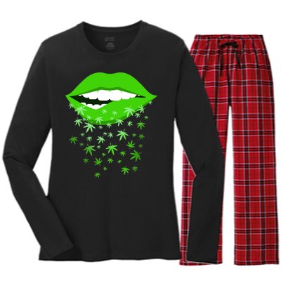 Sexy Lips Cannabis Marijuana Weed Women's Long Sleeve Flannel Pajama Set 