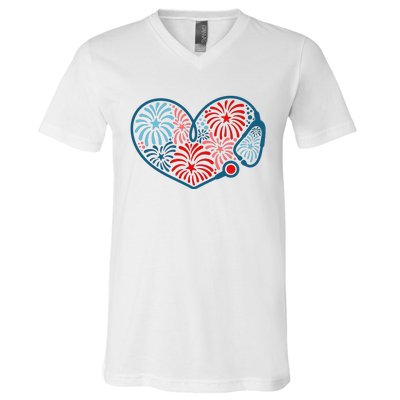 Stethoscope Fireworks 4th Of July Nurse V-Neck T-Shirt