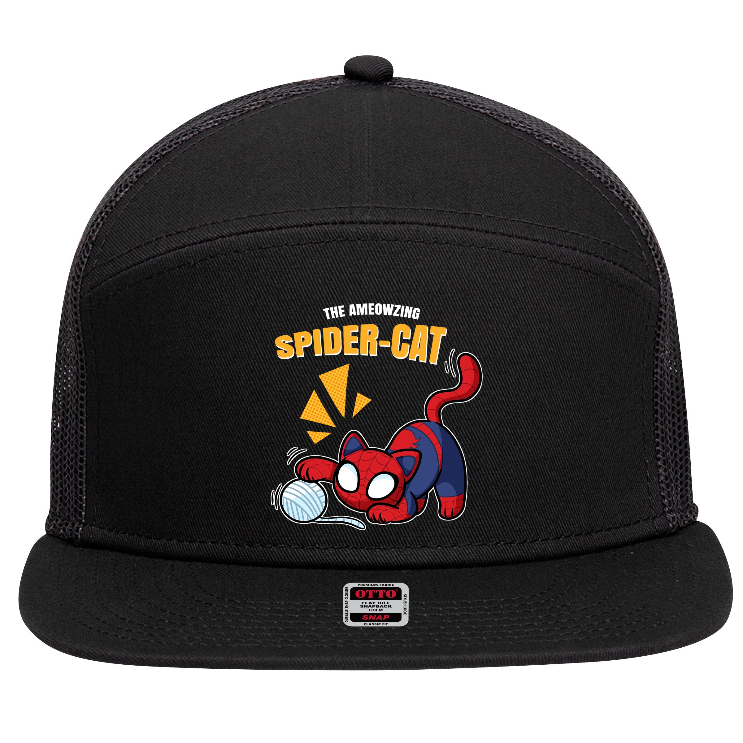 Spider Funny Amazing Spider Cat Meme 7 Panel Mesh Trucker Snapback Hat