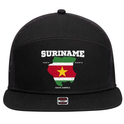 Suriname Flag And Map Suriname Coordinates 7 Panel Mesh Trucker Snapback Hat