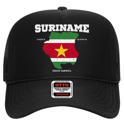 Suriname Flag And Map Suriname Coordinates High Crown Mesh Back Trucker Hat