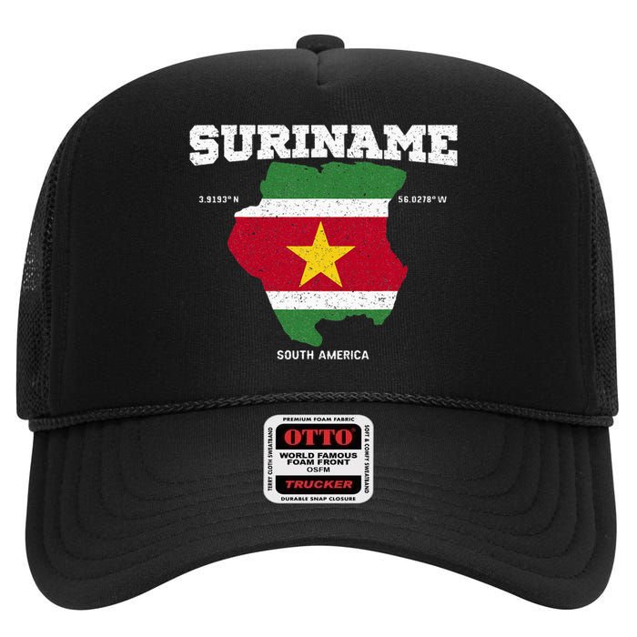 Suriname Flag And Map Suriname Coordinates High Crown Mesh Back Trucker Hat