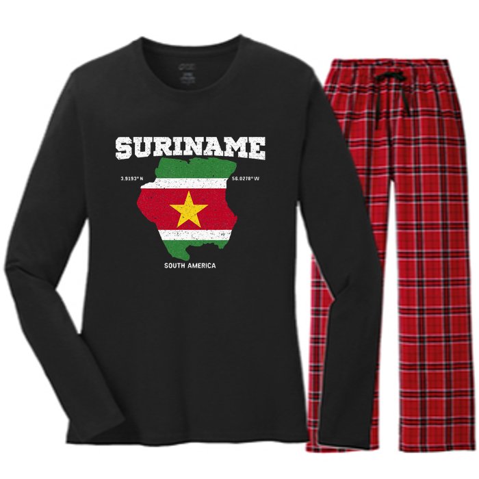 Suriname Flag And Map Suriname Coordinates Women's Long Sleeve Flannel Pajama Set 