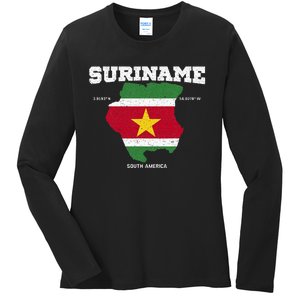 Suriname Flag And Map Suriname Coordinates Ladies Long Sleeve Shirt