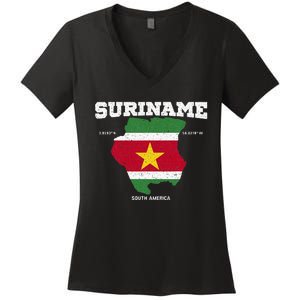 Suriname Flag And Map Suriname Coordinates Women's V-Neck T-Shirt