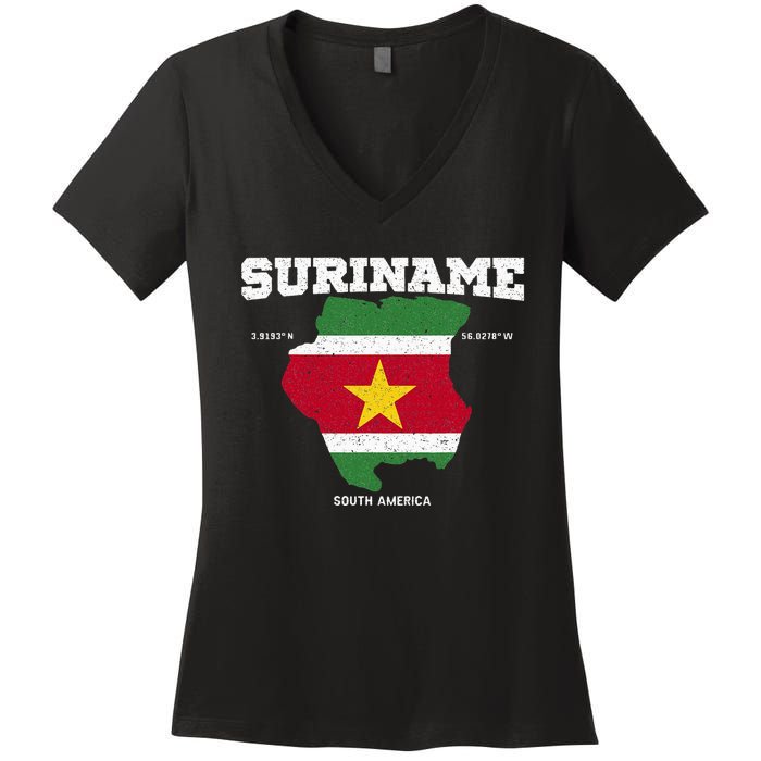 Suriname Flag And Map Suriname Coordinates Women's V-Neck T-Shirt