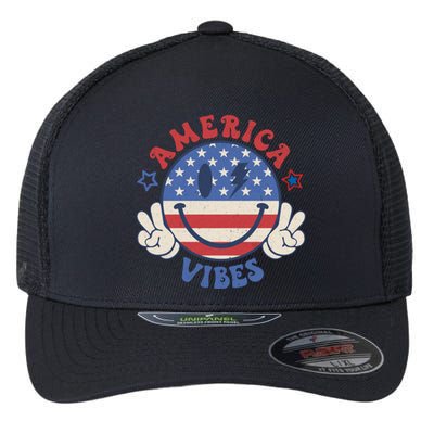 Smile Face America Vibes Usa Flag 4th Of July Patriotic Cute Gift Flexfit Unipanel Trucker Cap