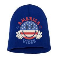 Smile Face America Vibes Usa Flag 4th Of July Patriotic Cute Gift Short Acrylic Beanie