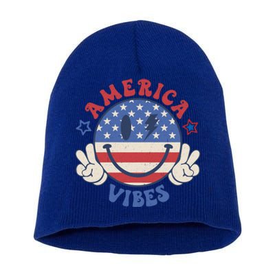 Smile Face America Vibes Usa Flag 4th Of July Patriotic Cute Gift Short Acrylic Beanie