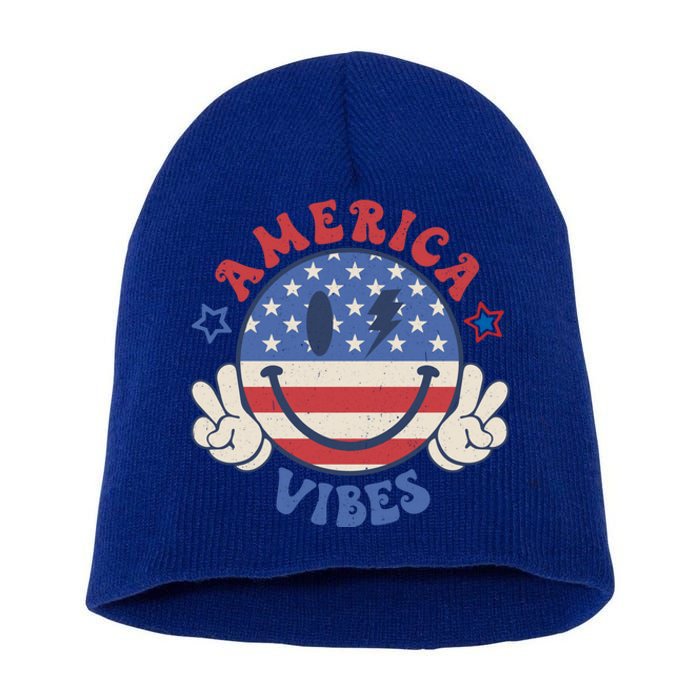 Smile Face America Vibes Usa Flag 4th Of July Patriotic Cute Gift Short Acrylic Beanie