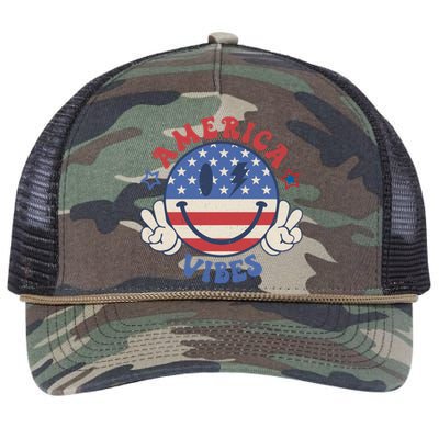 Smile Face America Vibes Usa Flag 4th Of July Patriotic Cute Gift Retro Rope Trucker Hat Cap