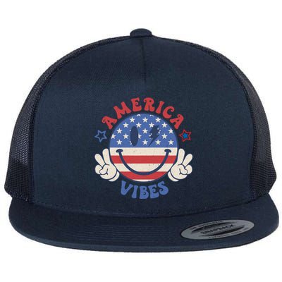 Smile Face America Vibes Usa Flag 4th Of July Patriotic Cute Gift Flat Bill Trucker Hat