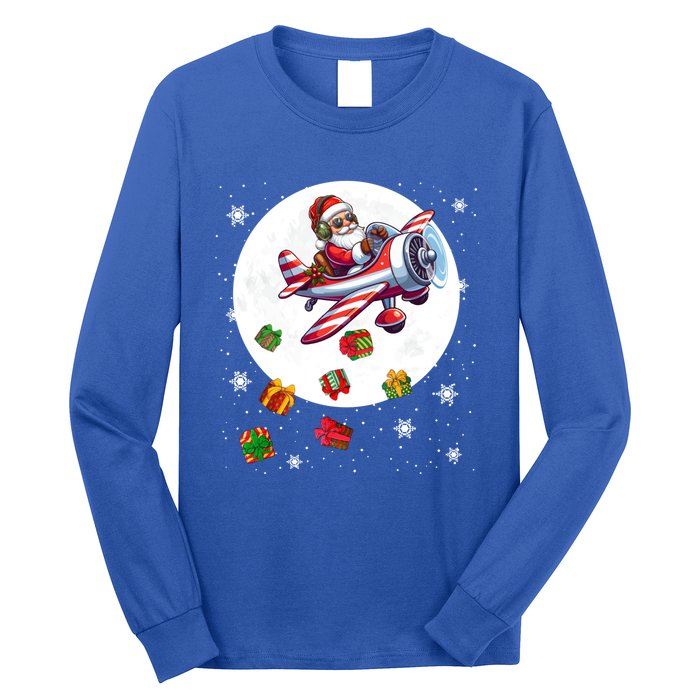 Santa Flying Airplane Christmas Moon Matching Pilot Lover Great Gift Long Sleeve Shirt