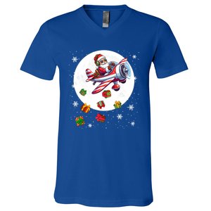 Santa Flying Airplane Christmas Moon Matching Pilot Lover Great Gift V-Neck T-Shirt