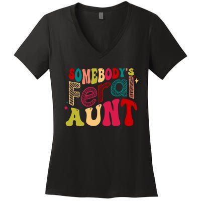 Somebody's Feral Aunt Groovy Mothers' Day Mom Aunt Women's V-Neck T-Shirt