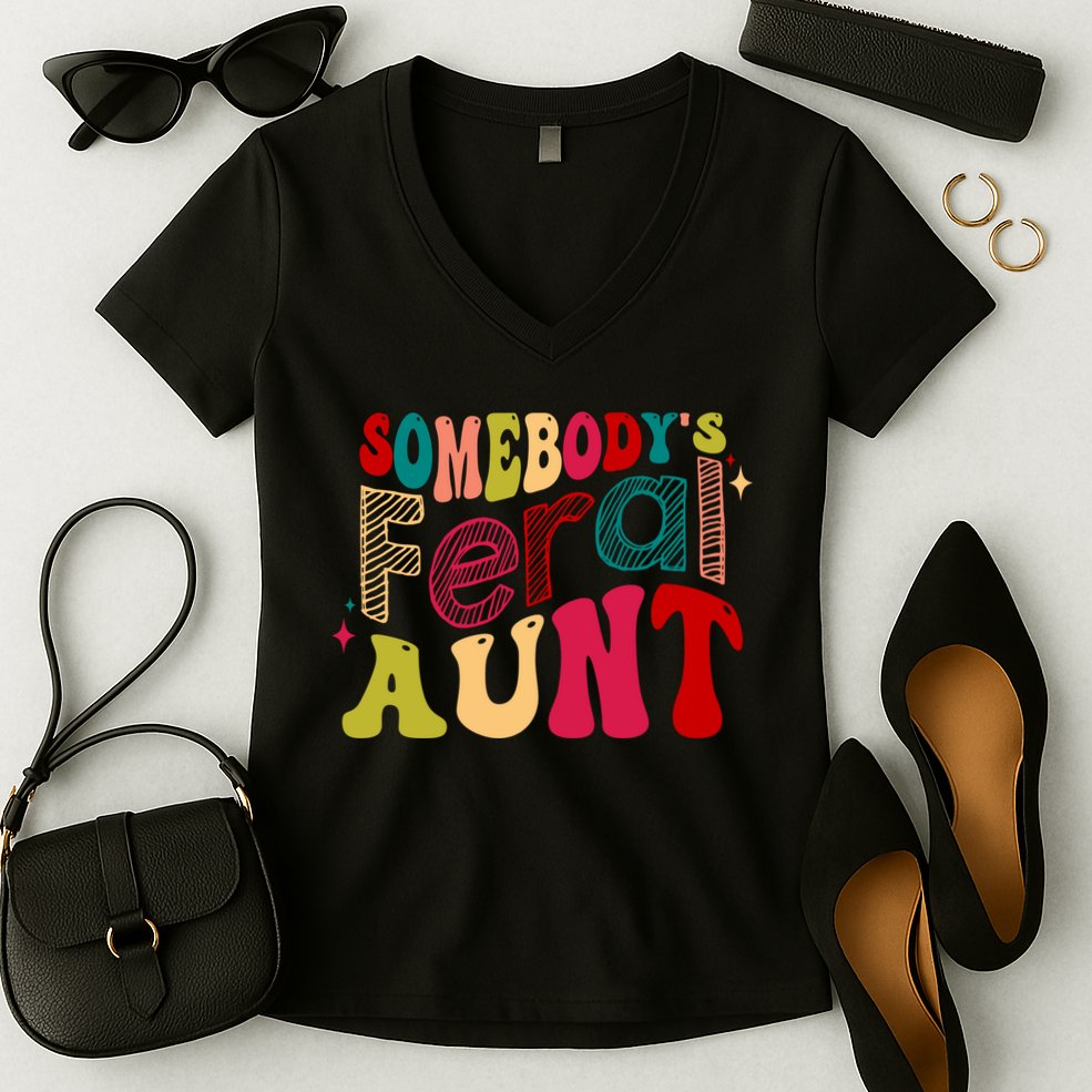 Somebody's Feral Aunt Groovy Mothers' Day Mom Aunt Women's V-Neck T-Shirt