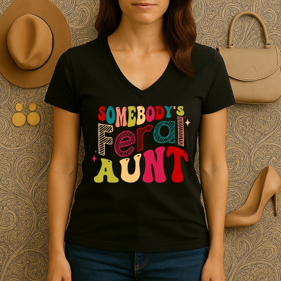 Somebody's Feral Aunt Groovy Mothers' Day Mom Aunt Women's V-Neck T-Shirt