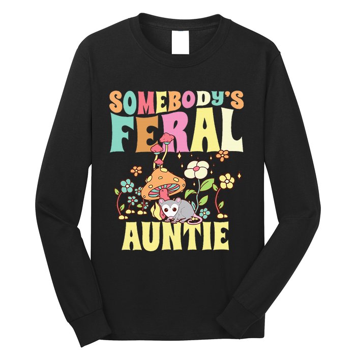 Somebody's Feral Auntie Opossum Wild Aunt Groovy Mushroom  Long Sleeve Shirt