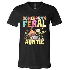 Somebody's Feral Auntie Opossum Wild Aunt Groovy Mushroom  V-Neck T-Shirt