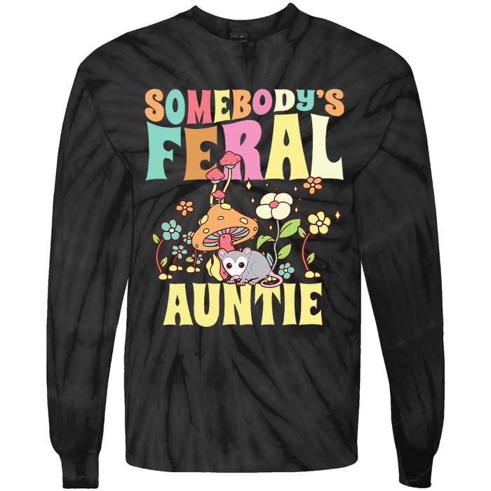 Somebody's Feral Auntie Opossum Wild Aunt Groovy Mushroom  Tie-Dye Long Sleeve Shirt