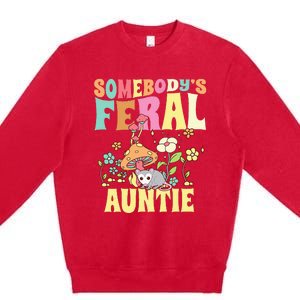 Somebody's Feral Auntie Opossum Wild Aunt Groovy Mushroom  Premium Crewneck Sweatshirt