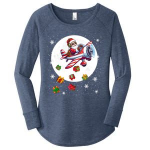 Santa Flying Airplane Christmas Moon Matching Pilot Lover Cool Gift Women's Perfect Tri Tunic Long Sleeve Shirt