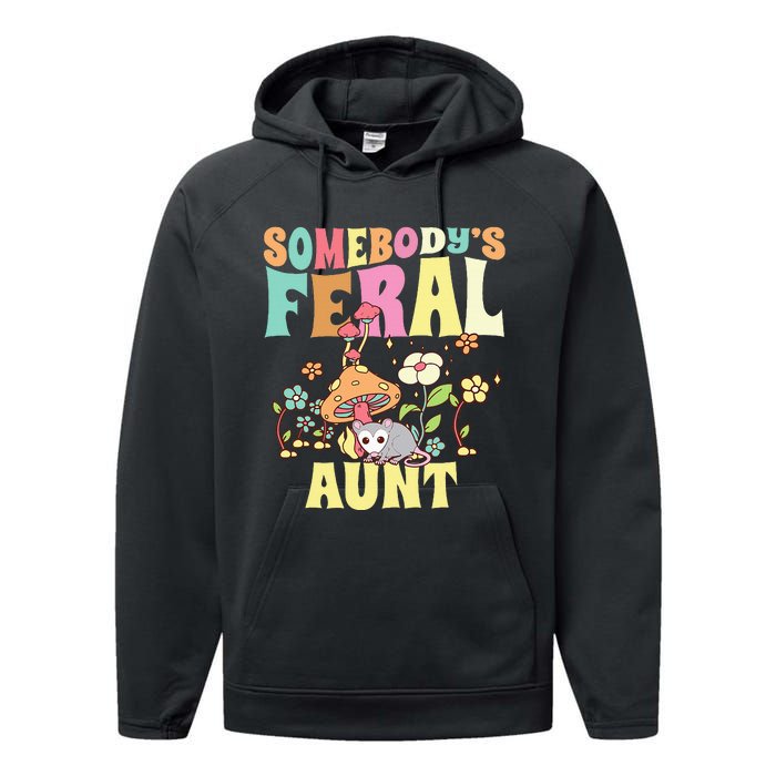 Somebody's Feral Aunt Opossum Wild Auntie Groovy Mushroom Performance Fleece Hoodie