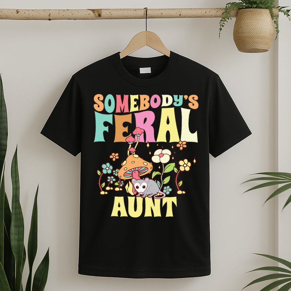 Somebody's Feral Aunt Opossum Wild Auntie Groovy Mushroom T-Shirt
