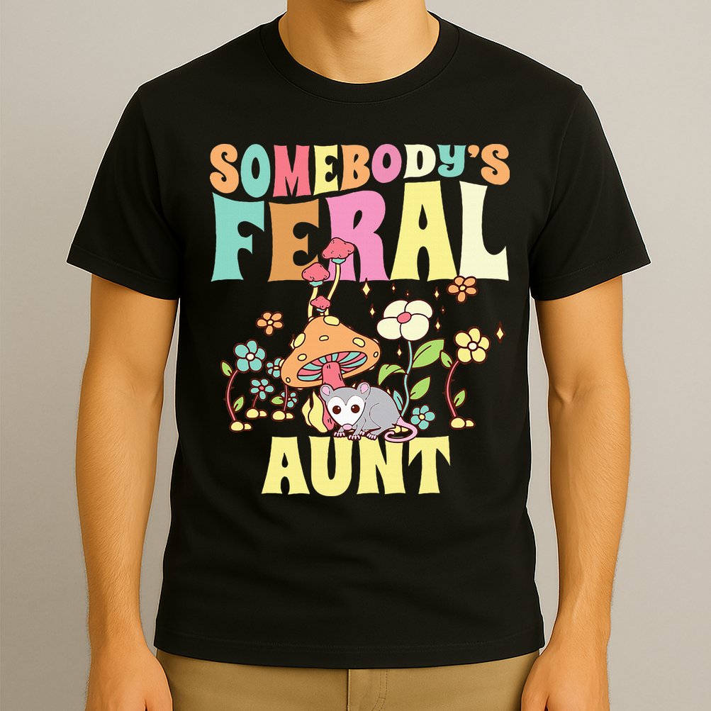 Somebody's Feral Aunt Opossum Wild Auntie Groovy Mushroom T-Shirt