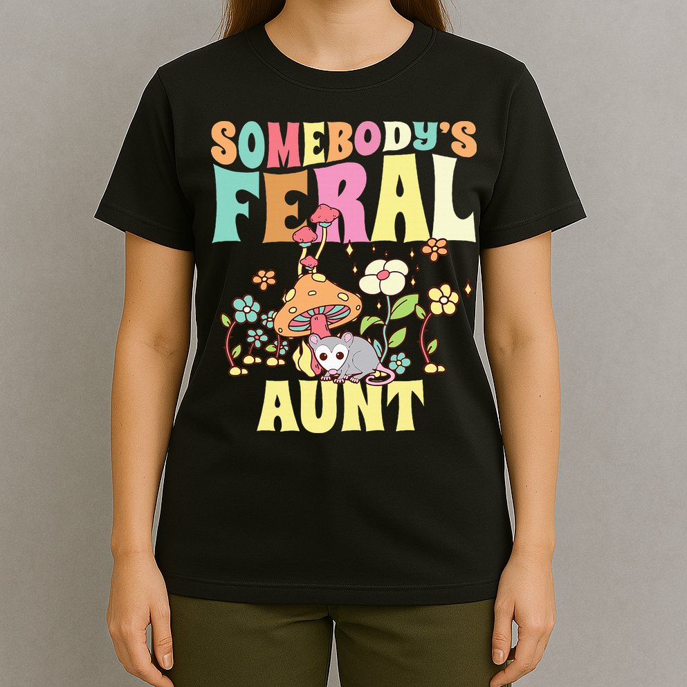 Somebody's Feral Aunt Opossum Wild Auntie Groovy Mushroom T-Shirt