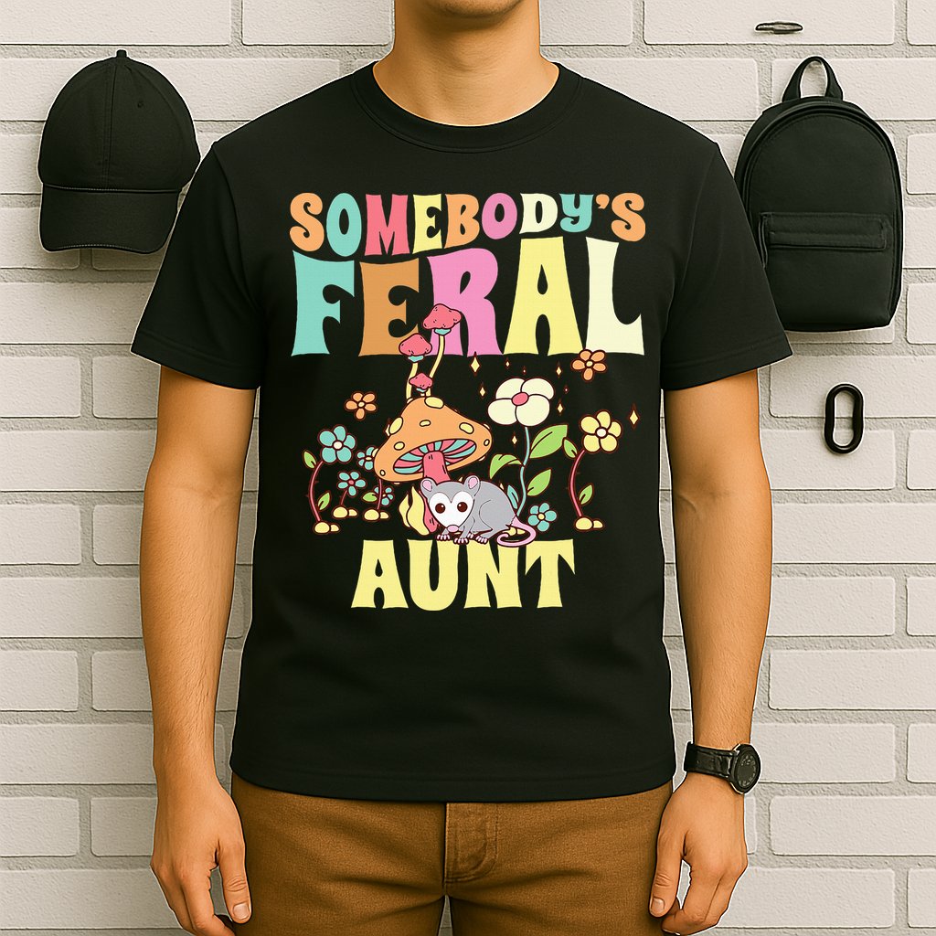 Somebody's Feral Aunt Opossum Wild Auntie Groovy Mushroom T-Shirt