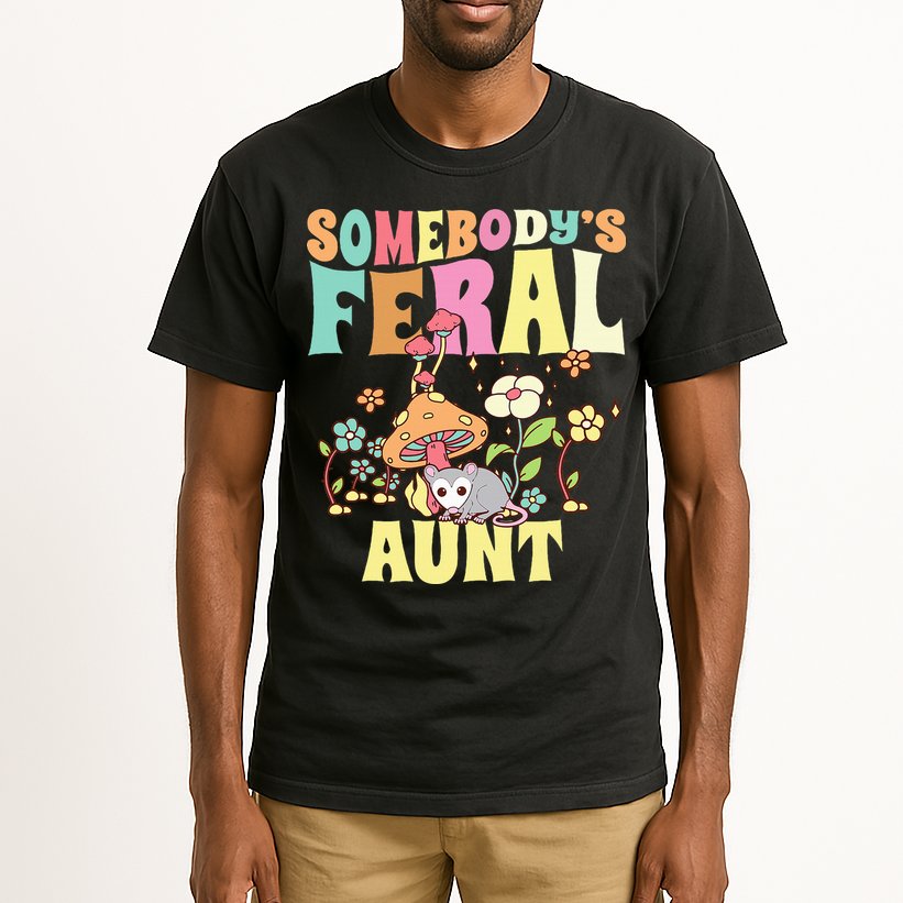 Somebody's Feral Aunt Opossum Wild Auntie Groovy Mushroom Tall T-Shirt