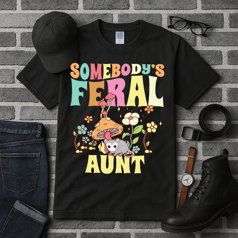 Somebody's Feral Aunt Opossum Wild Auntie Groovy Mushroom Tall T-Shirt