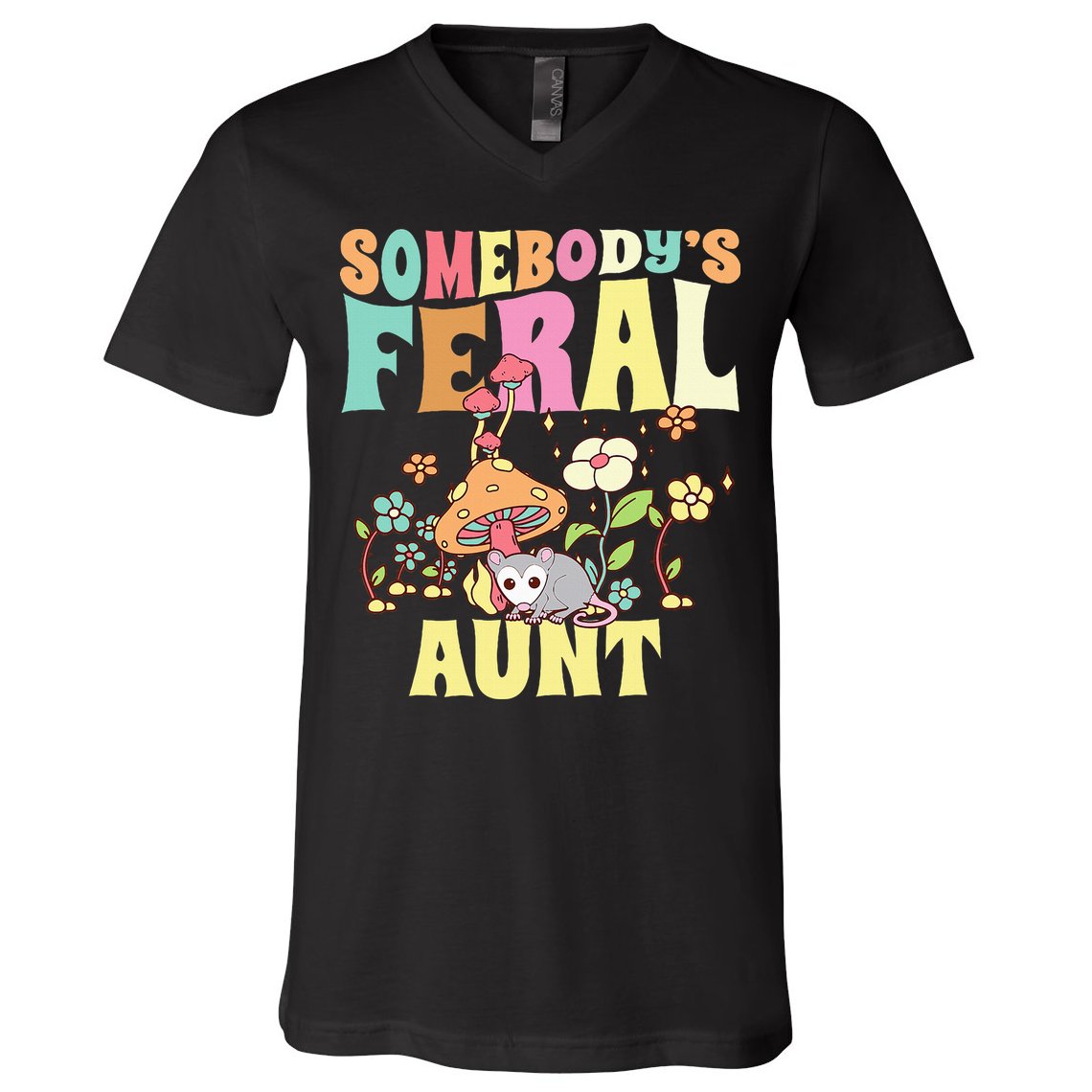 Somebody's Feral Aunt Opossum Wild Auntie Groovy Mushroom V-Neck T-Shirt