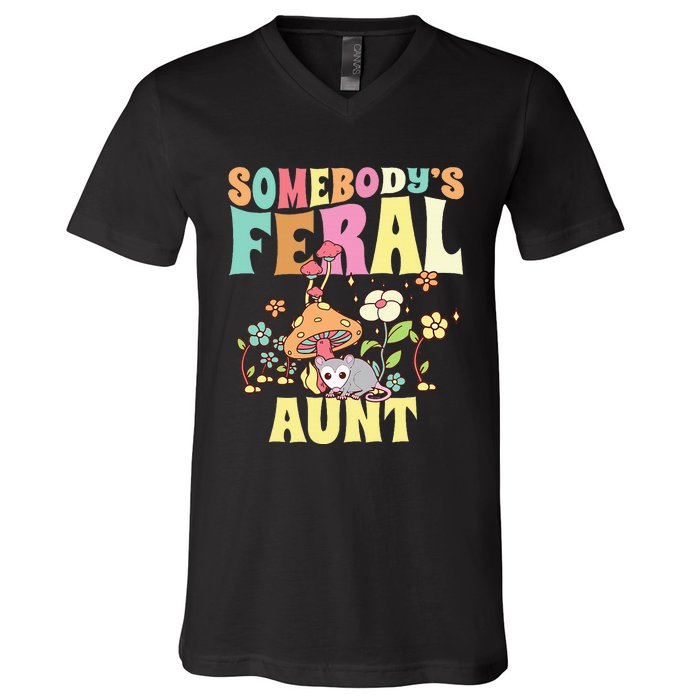 Somebody's Feral Aunt Opossum Wild Auntie Groovy Mushroom V-Neck T-Shirt