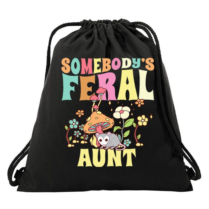 Somebody's Feral Aunt Opossum Wild Auntie Groovy Mushroom Drawstring Bag