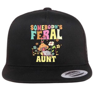 Somebody's Feral Aunt Opossum Wild Auntie Groovy Mushroom Flat Bill Trucker Hat