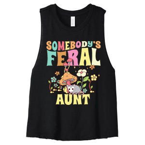 Somebody's Feral Aunt Opossum Wild Auntie Groovy Mushroom Women's Racerback Cropped Tank