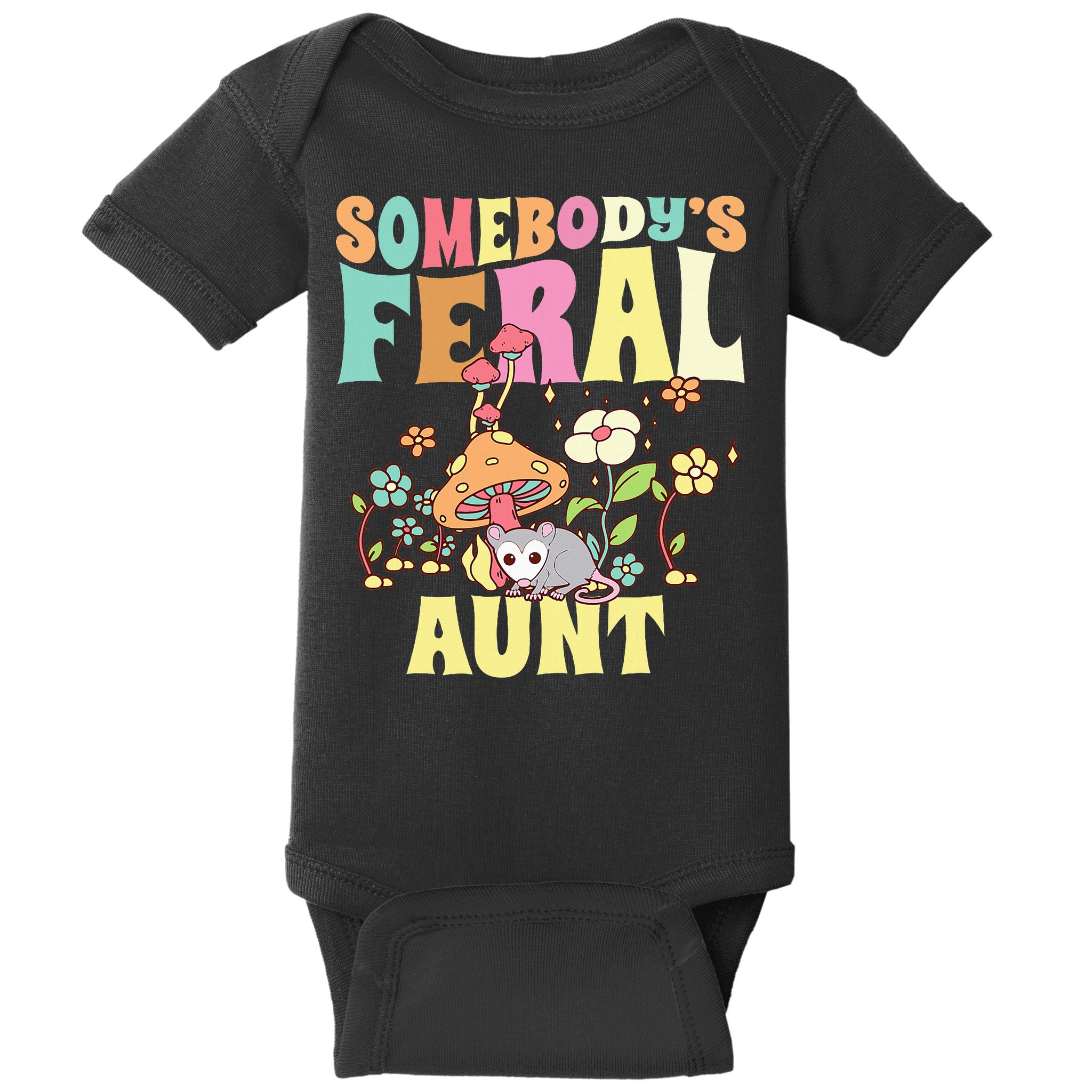 Somebody's Feral Aunt Opossum Wild Auntie Groovy Mushroom Baby Bodysuit