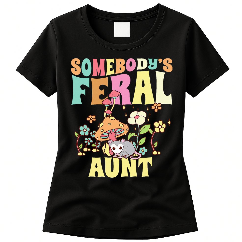Somebody's Feral Aunt Opossum Wild Auntie Groovy Mushroom Womens T-Shirt