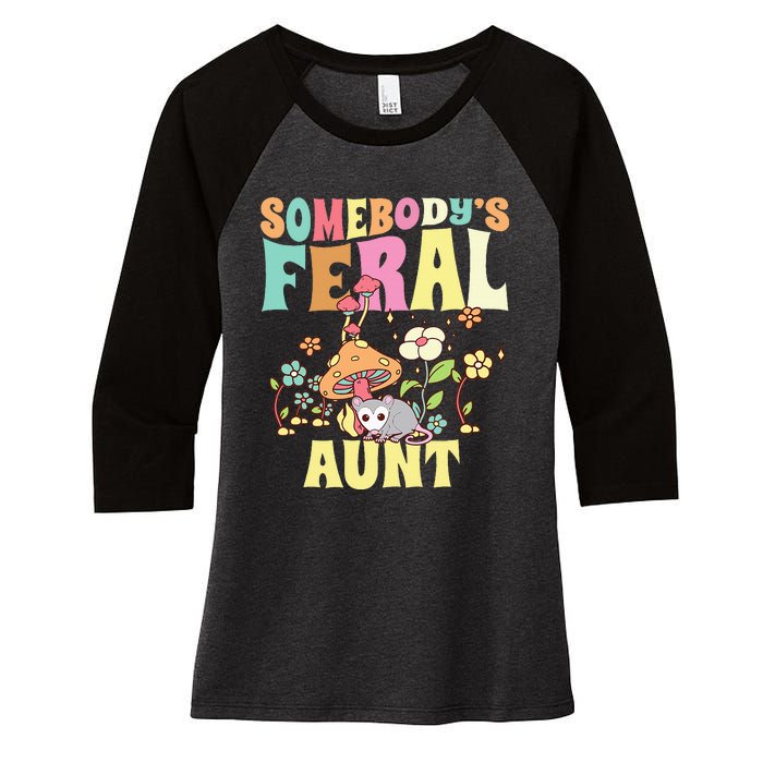 Somebody's Feral Aunt Opossum Wild Auntie Groovy Mushroom Women's Tri-Blend 3/4-Sleeve Raglan Shirt