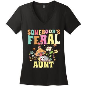 Somebody's Feral Aunt Opossum Wild Auntie Groovy Mushroom Women's V-Neck T-Shirt