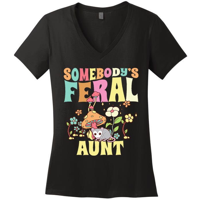 Somebody's Feral Aunt Opossum Wild Auntie Groovy Mushroom Women's V-Neck T-Shirt