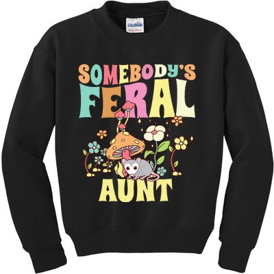 Somebody's Feral Aunt Opossum Wild Auntie Groovy Mushroom Kids Sweatshirt