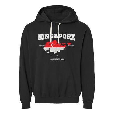 Singapore Flag And Map, Singapore Coordinates Garment-Dyed Fleece Hoodie