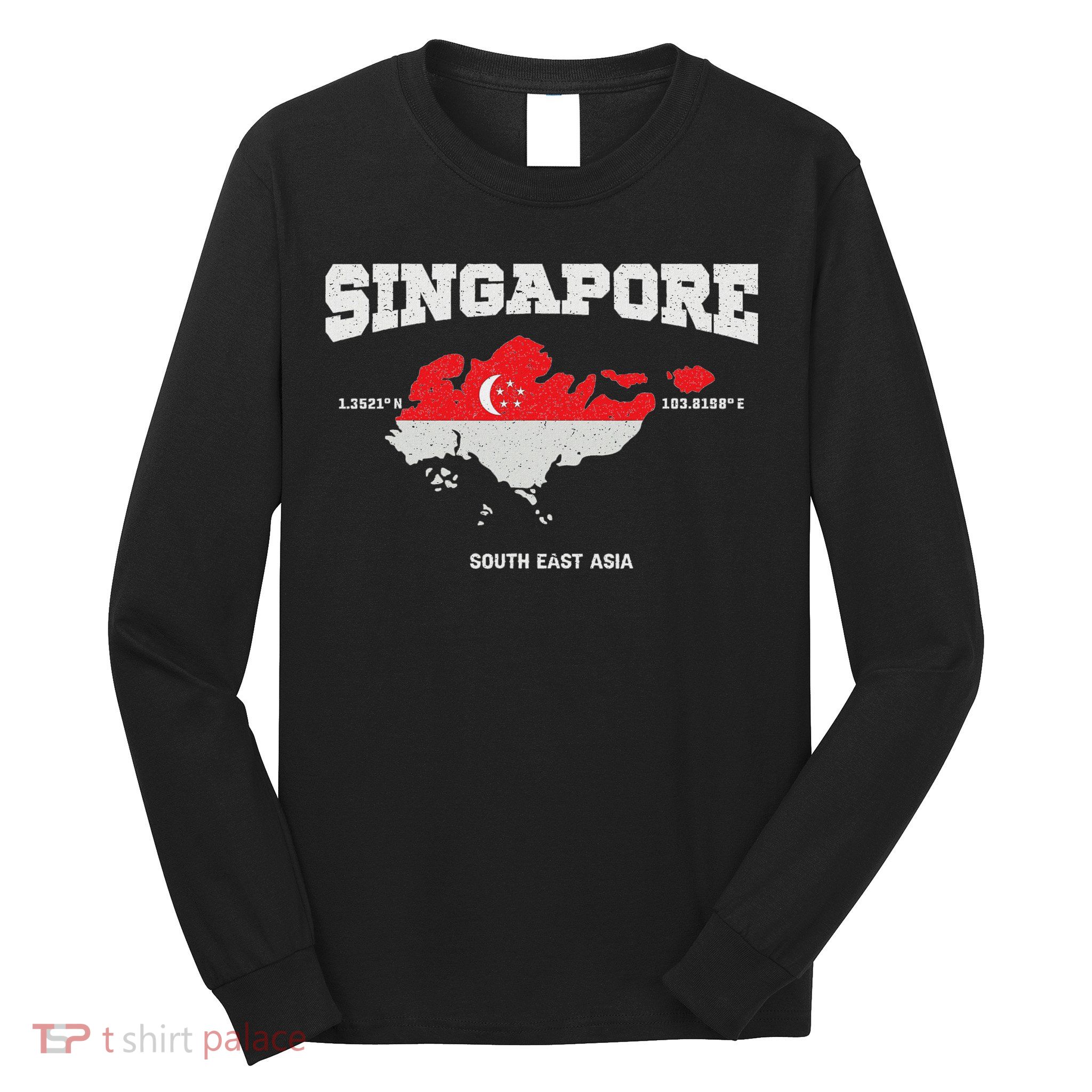 Singapore Flag And Map, Singapore Coordinates Long Sleeve Shirt