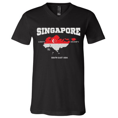 Singapore Flag And Map, Singapore Coordinates V-Neck T-Shirt