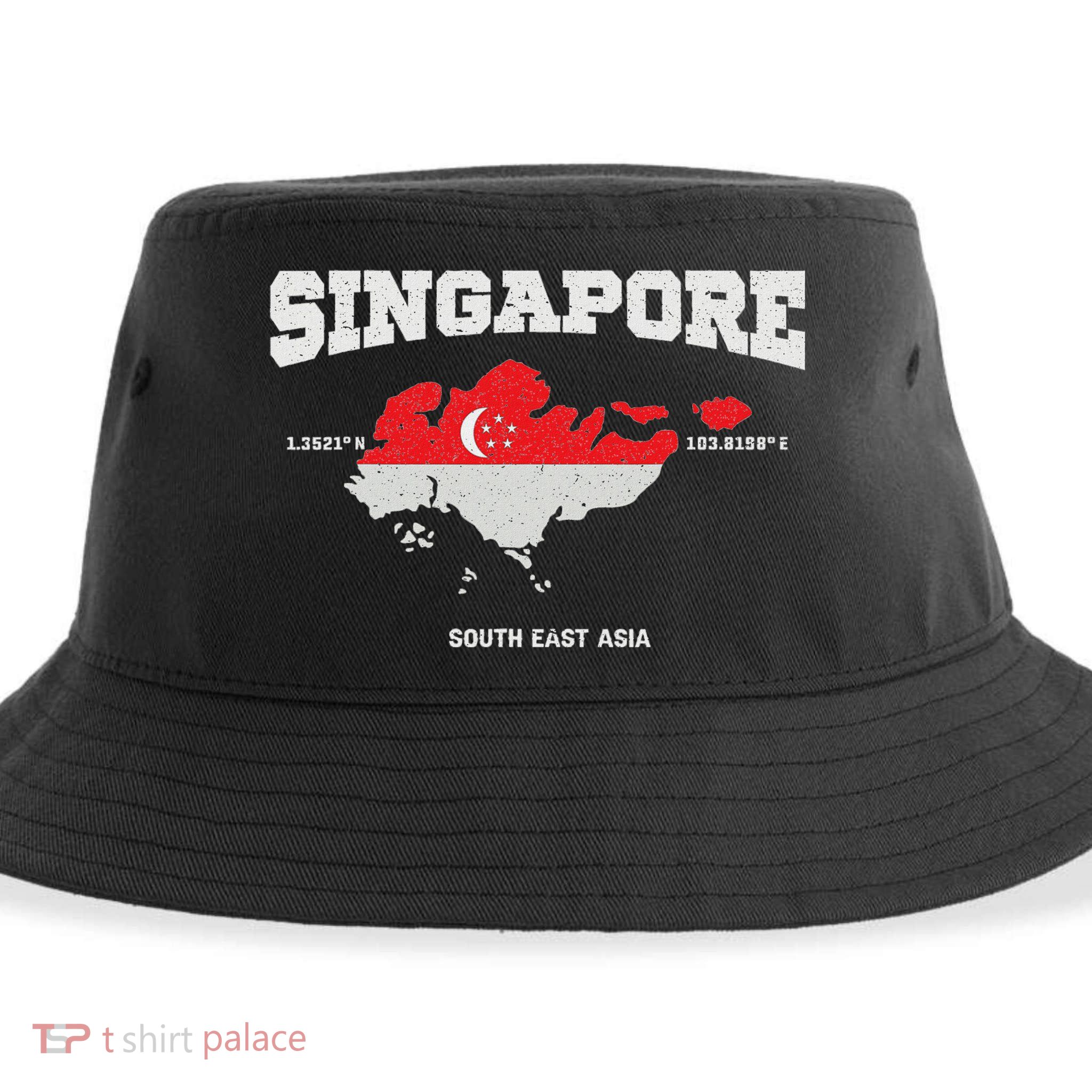 Singapore Flag And Map, Singapore Coordinates Sustainable Bucket Hat