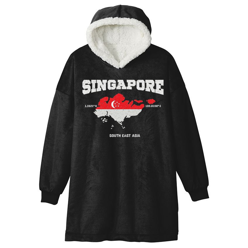 Singapore Flag And Map, Singapore Coordinates Hooded Wearable Blanket